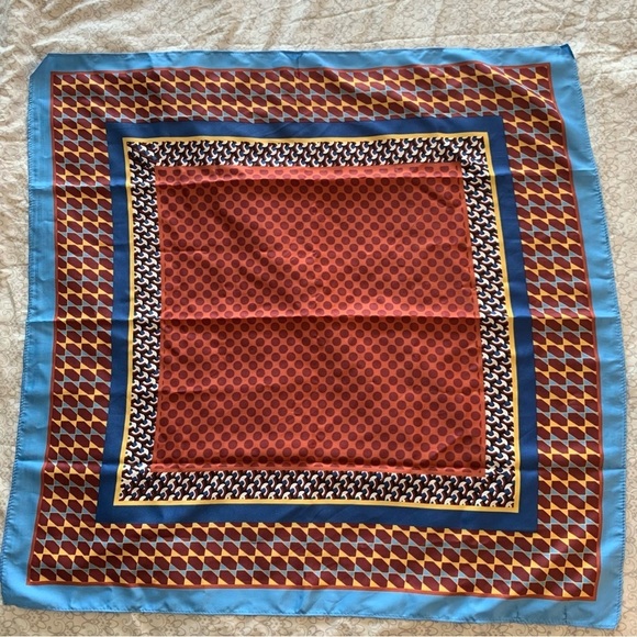 Zara 100% Silk Printed Multicolor Boho Head Scarf Bag Scarf Rust & Blue - Picture 2 of 8
